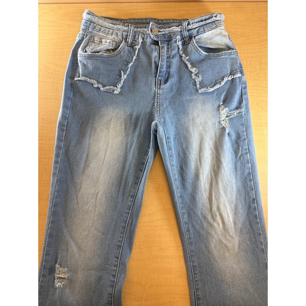 SHEIN Womens Distressed Wide Leg Jeans Light Wash Raw Edge Denim Size L 8/10